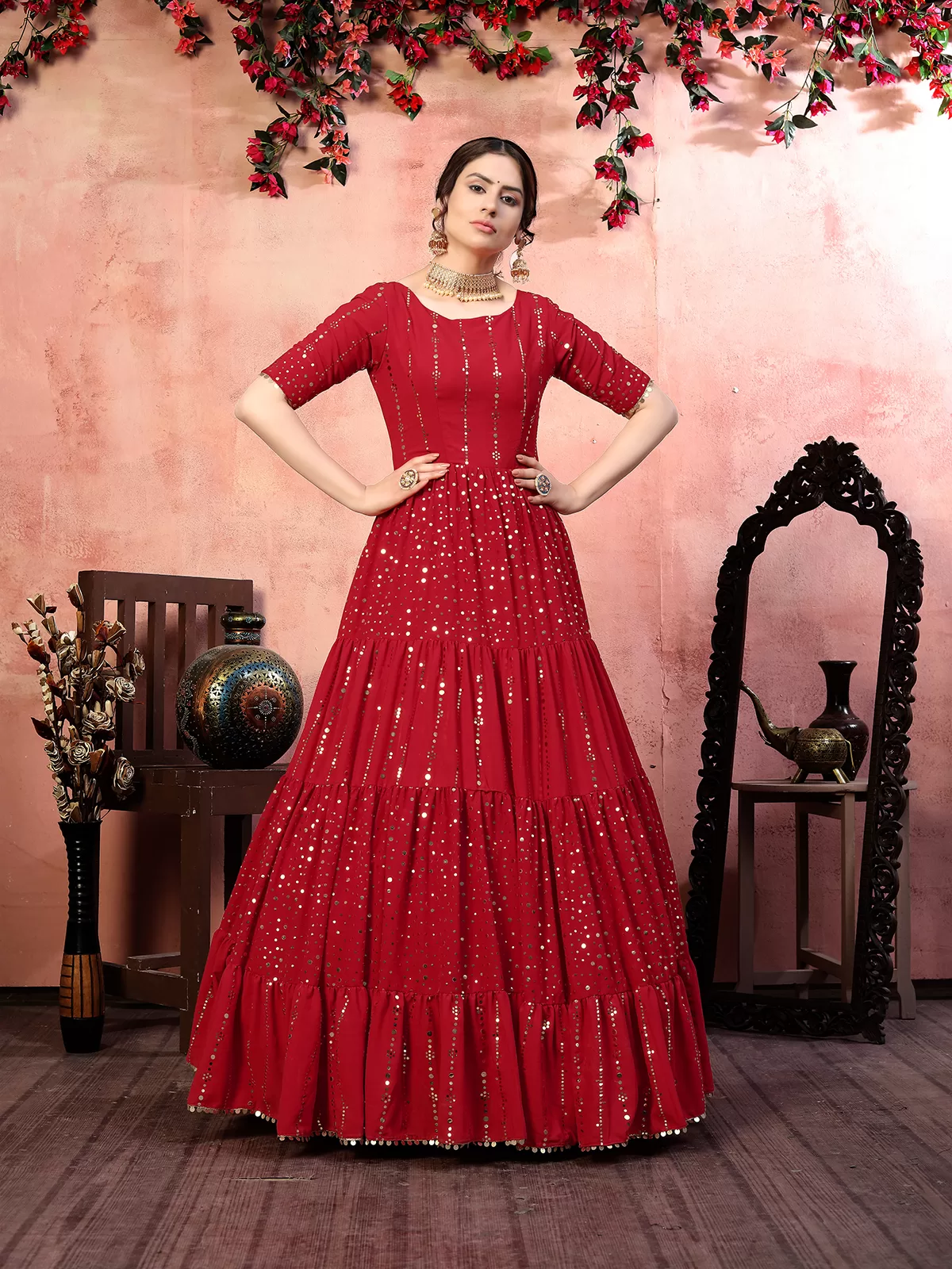 Casual Wear Red Santoon Gown With Fancy Sequins for 2023