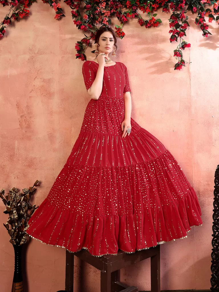 Casual Wear Red Santoon Gown With Fancy Sequins
