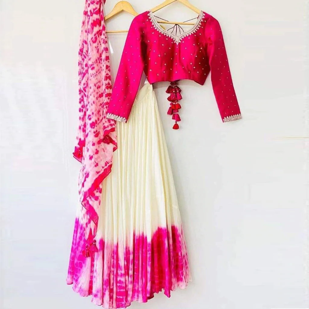 Pink Shibori Marble Dyed Lehenga with Raw Silk Hand Embroidered Blouse In Multi Colors