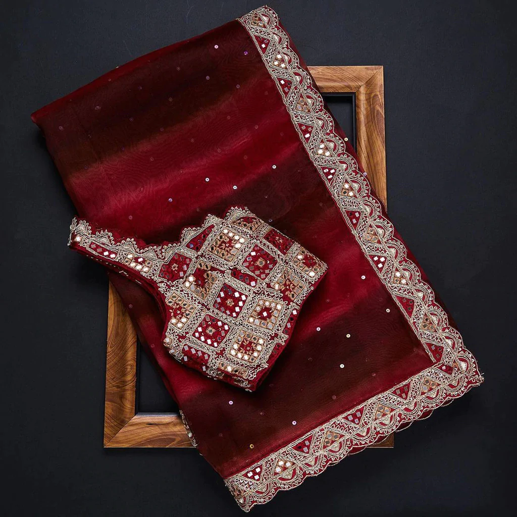 Red Color Organza Saree with Dori, Foil and Thread work