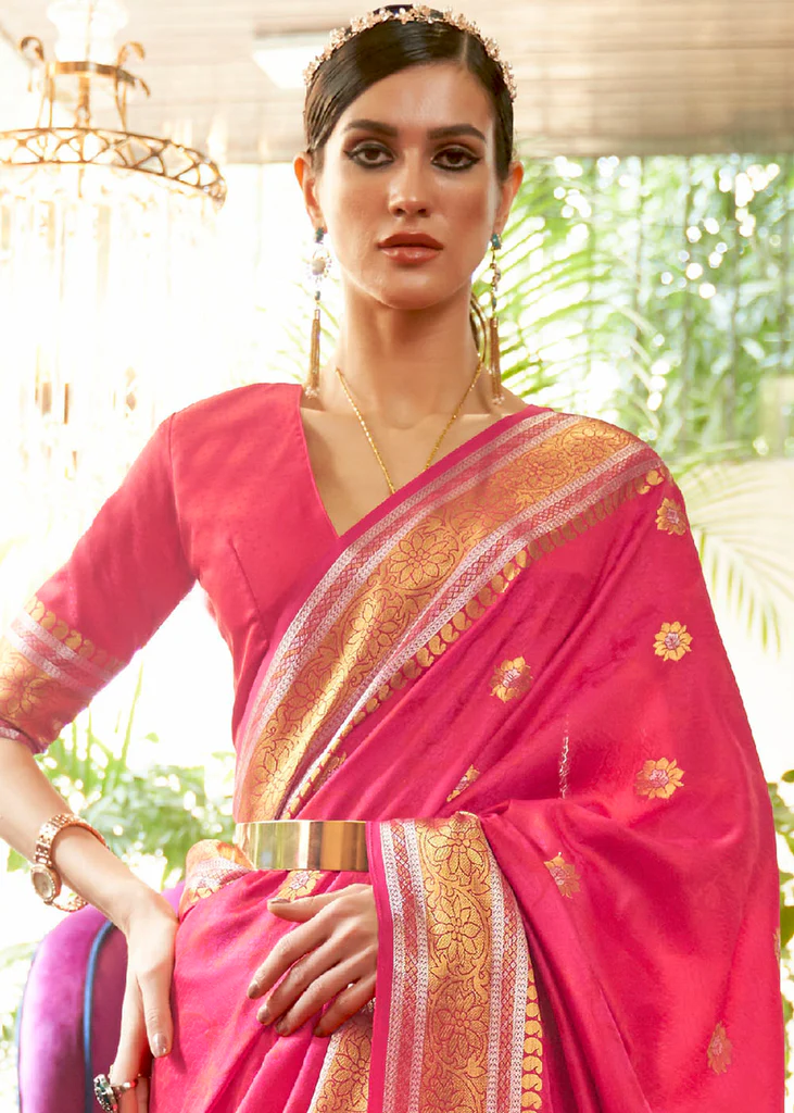 The Allure of Hot Pink: Drape Yourself in a Hot Pink Kanjivaram Silk Saree with Silver & Golden Zari