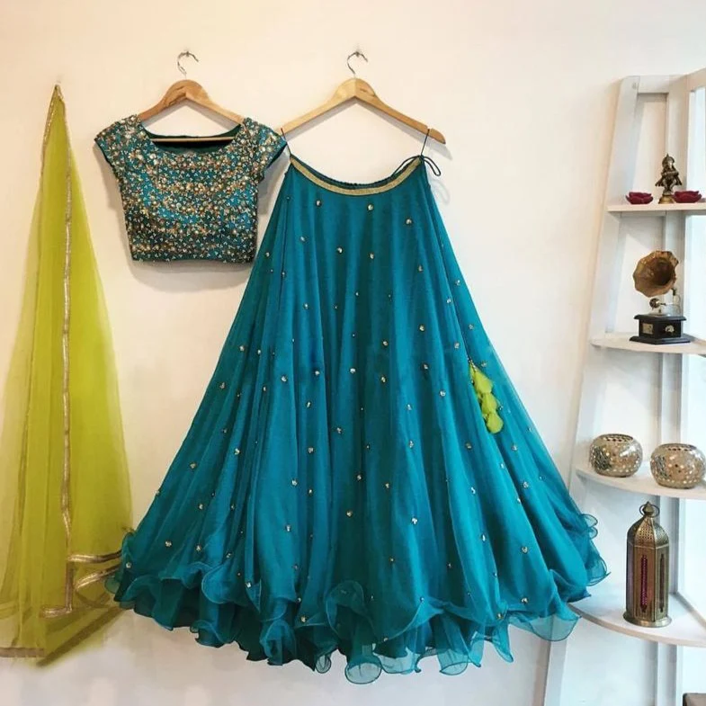 Captivate in Cool: The Enchanting Aqua Blue Lehenga with Pearl and Embroidery Work