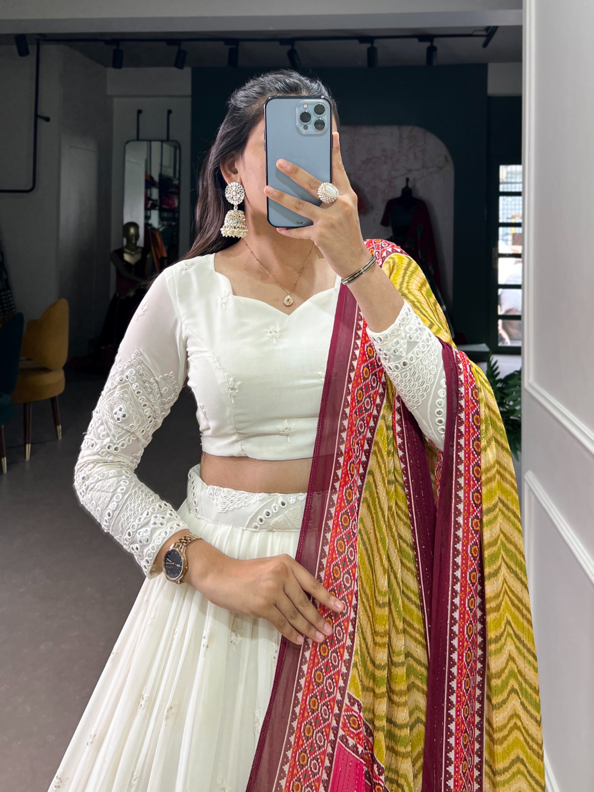 White Lucknowi Paper Mirror Work Lehenga Choli Set - Georgette & Chinon