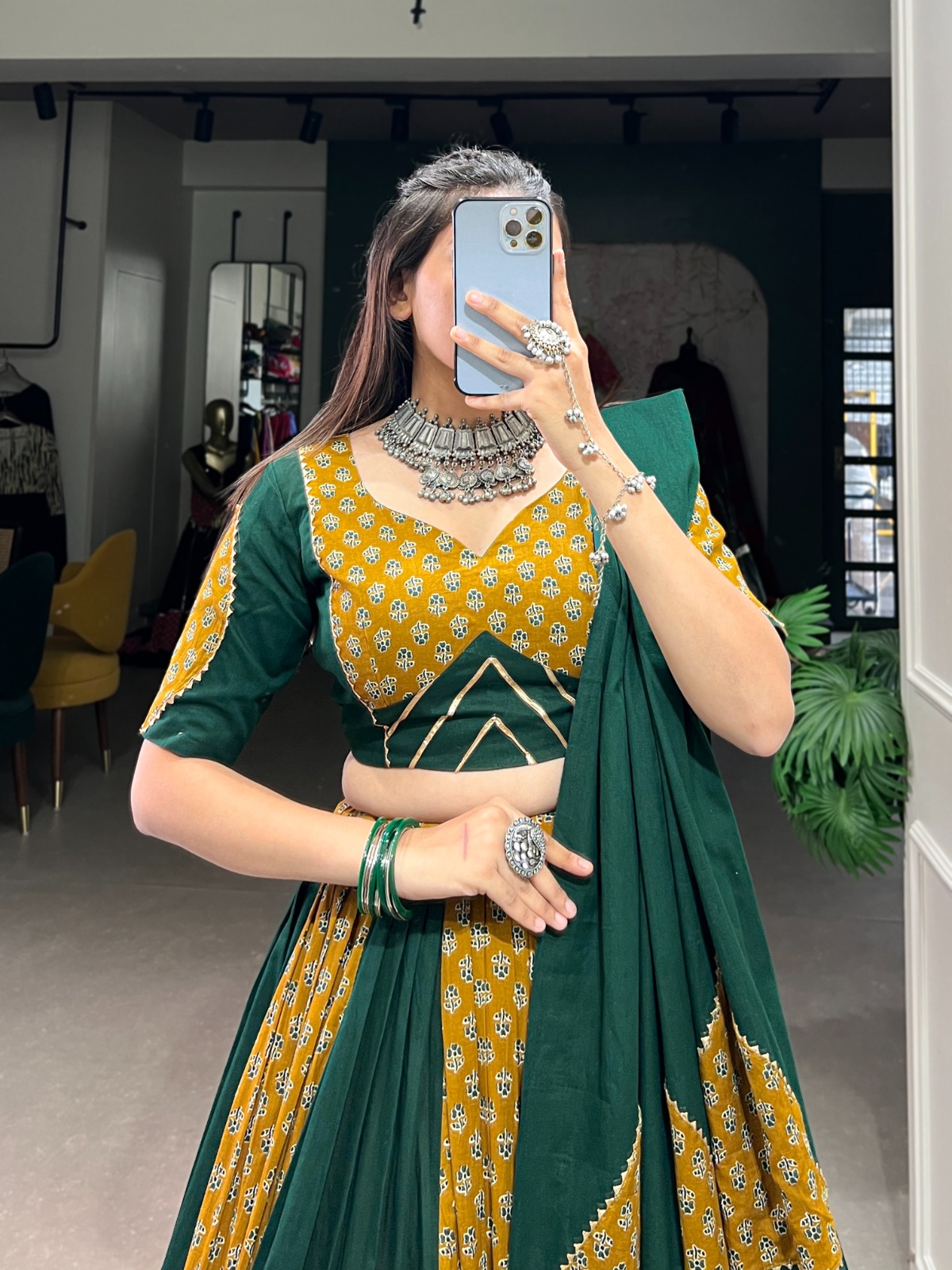 Embrace the Vibrancy of Navratri with a Mustard & Green Cotton Chaniya Choli