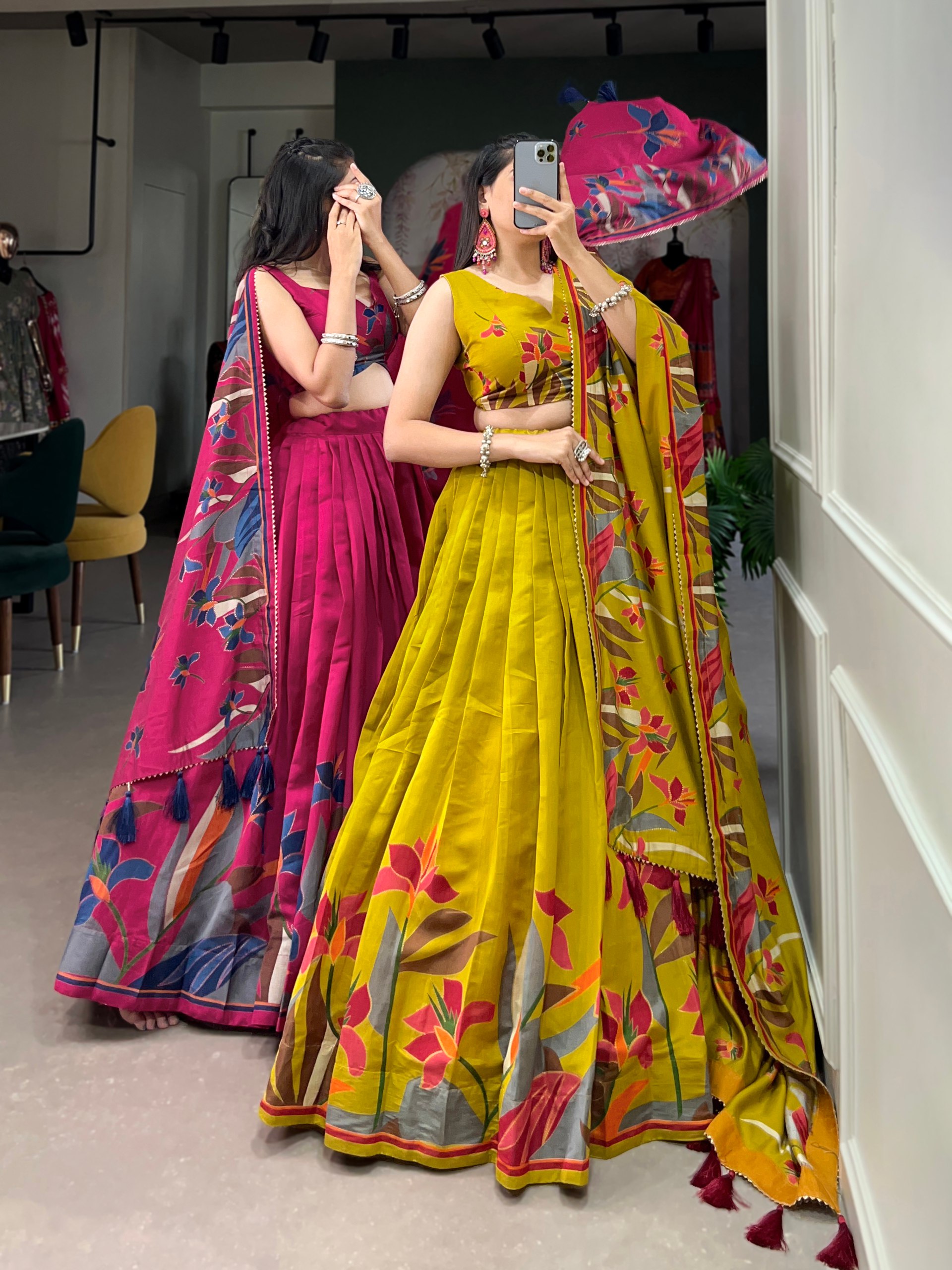 Exquisite Floral Fantasy: Embrace Elegance in the Mustard or Rani Pink Lehenga Choli