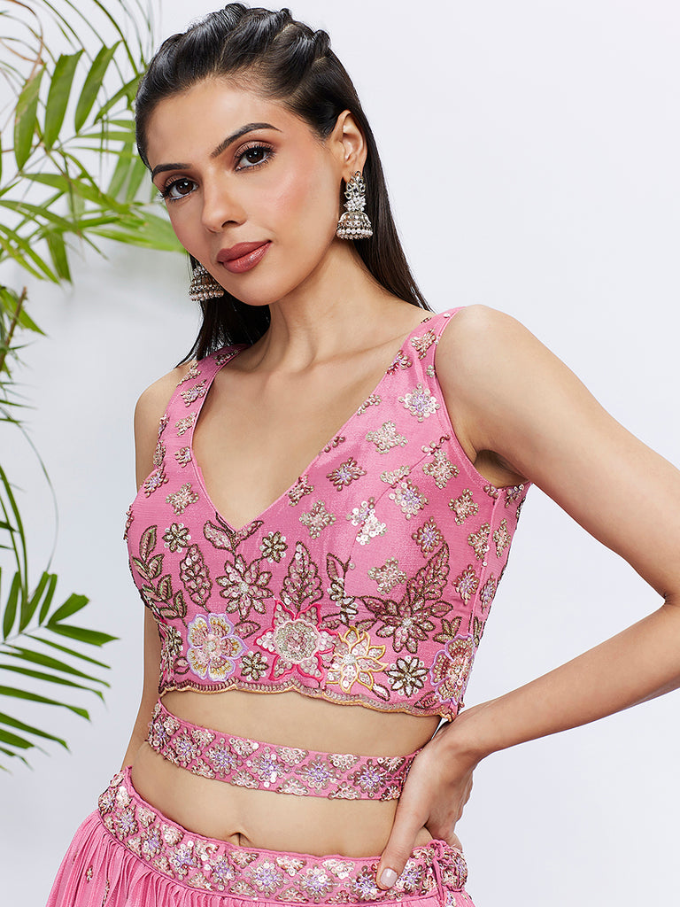 Be the Dazzling Diva: A Breathtaking Pink Chiffon Lehenga Choli Set with Sequins and Embroidery