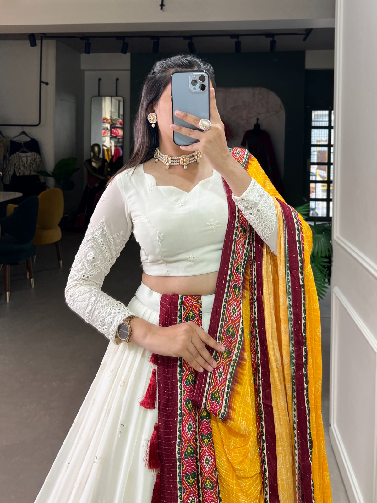 Timeless Elegance: A White Lucknowi Paper Mirror Work Lehenga Choli