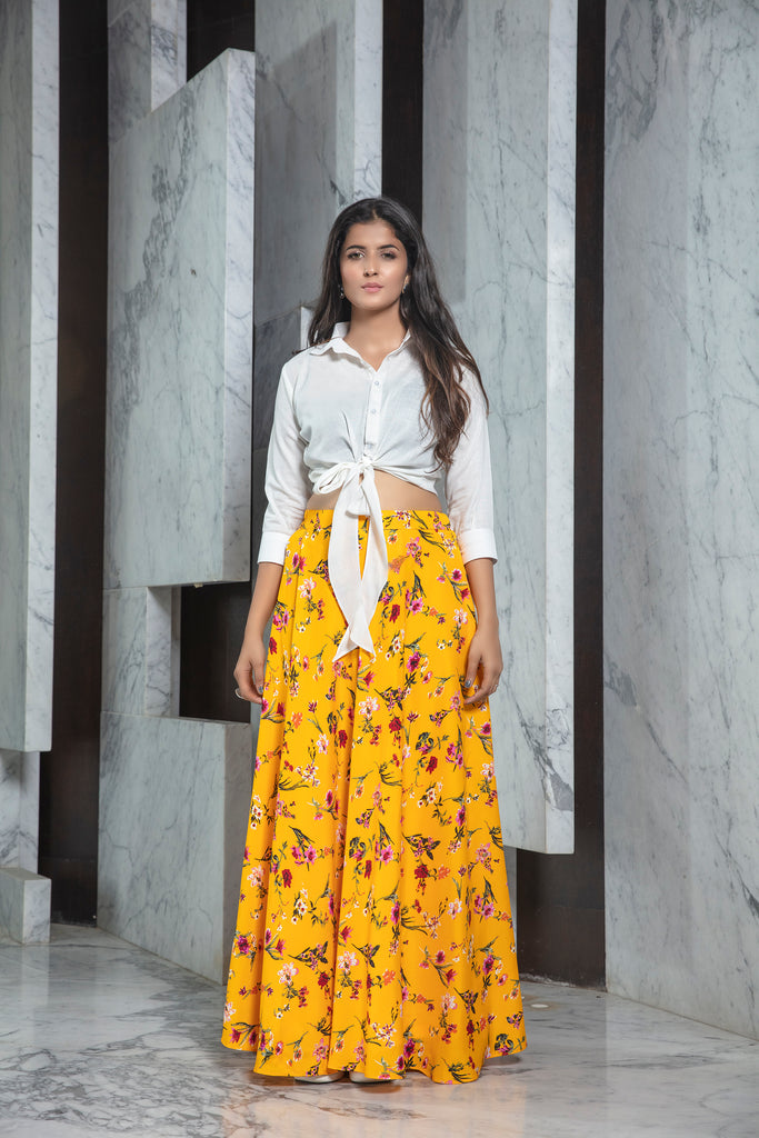 Stylish Indo Western Skirt Set: Yellow Printed Crepe Skirt with White Shirt Top for Casual Elegance