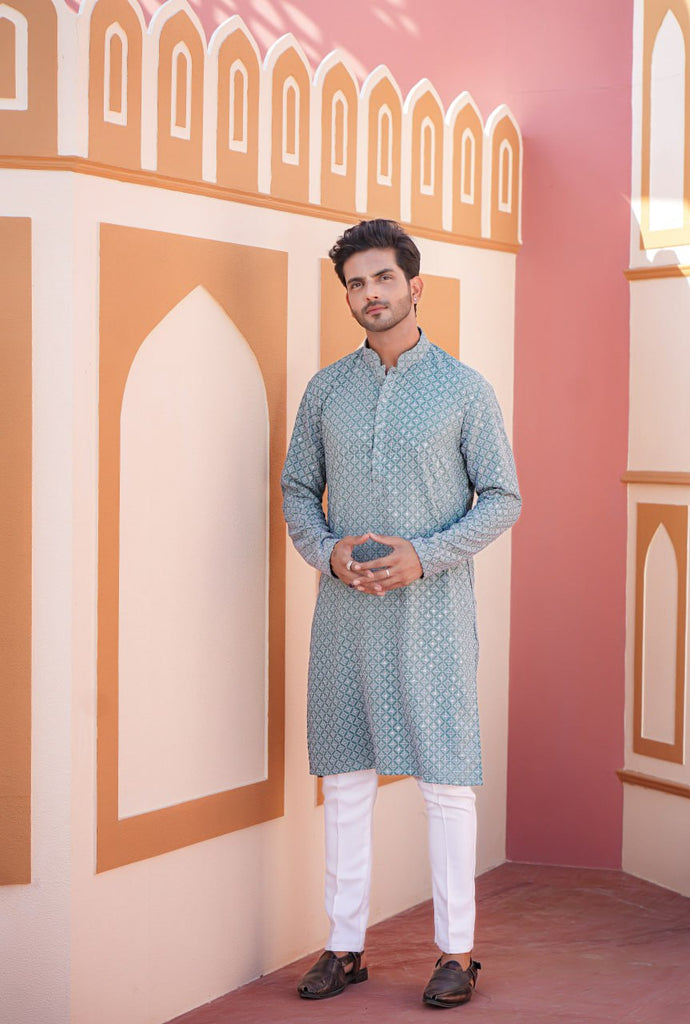 Elevate Your Style with the Aqua Green Full Stitched Men Kurta: A Perfect Blend of Elegance and Comfort