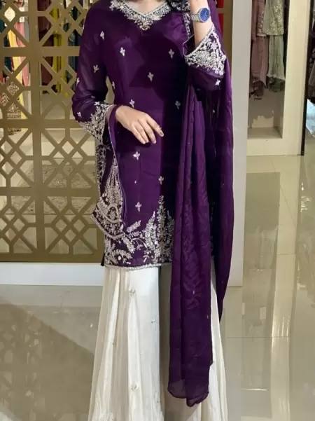 Purple Premium Designer Party Wear: Elevate Your Style with Heavy Chinon Silk Top, Palazzo & Dupatta Set