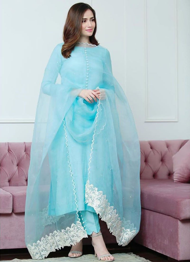 Sky Blue Designer Salwar Kameez in Pakistani Style