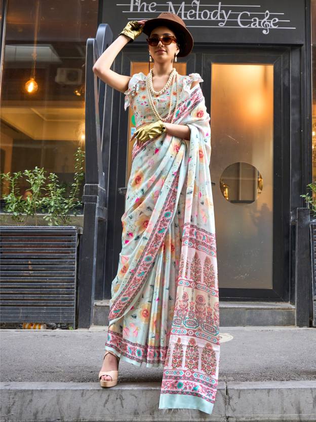 Off White Elegant Bollywood Satin Printed Saree – Party & Festive Wear