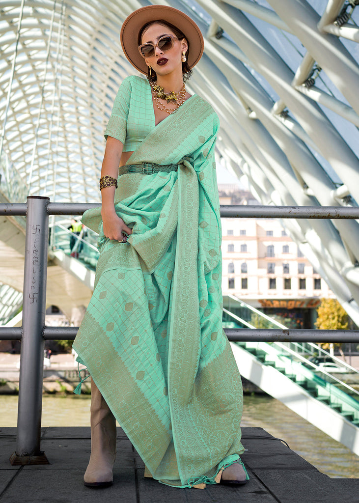 Embrace Timeless Elegance: The Sea Green Banarasi Blended Silk Saree from Clothsvilla
